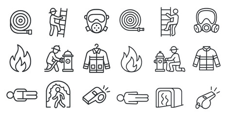 Series of icons depicting various firefighting and rescue equipment. The icons include a fire hydrant, a fireman, a fire truck, a ladder, a fire hose, a fire extinguisher, a fireman's hat