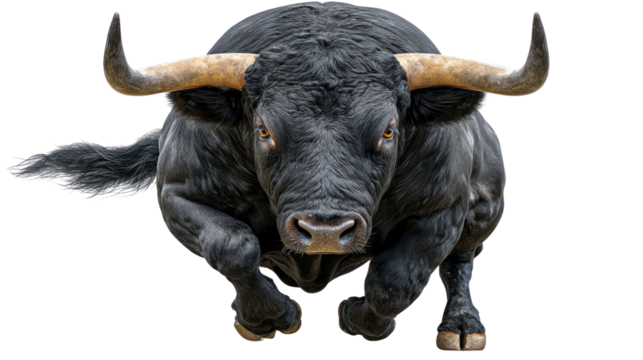 Majestic Bull's Charge: A powerful black bull, muscles bulging, charges forward, his sharp horns and intense gaze commanding attention. A symbol of strength, determination, and untamed power.