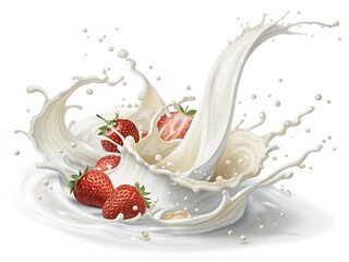 Fresh strawberries splash into creamy milk, creating a vibrant, tasty scene.