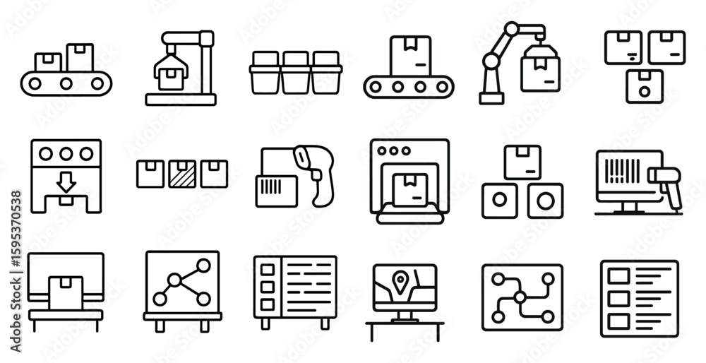 Fototapete series of icons depicting various industrial processes. the icons include a conveyor belt, a forklif