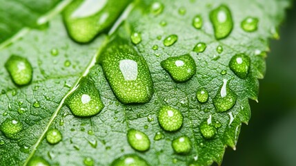 Macro view of water droplets on a leaf background, natural bokeh