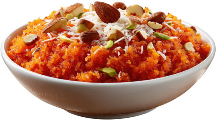Gajar Halwa: A vibrant and aromatic bowl of gajar halwa, a traditional Indian sweet, garnished with almonds and coconut, offers a feast for the eyes and a delight for the palate.