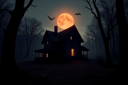 Spooky silhouette of a haunted house with glowing windows under a large orange moon and bats in a dark forest scene