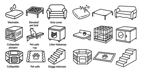 Obraz na płótnie Canvas Collection of furniture and accessories for pets. The furniture includes a bed, couch, and a dog crate