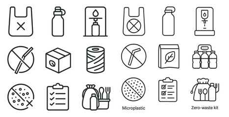 Set of icons for a zero waste kit. The icons include a box, a bottle, a cup, a spoon, a fork, a knife, a paper bag, a plastic bag, a water bottle, a cup, a bowl