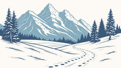 Fototapeta premium A winter landscape with snow covered mountains and evergreen trees along a winding path in the snow