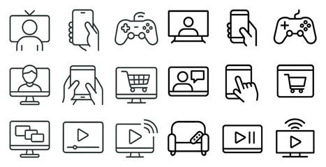Set of icons for various electronic devices and entertainment options. The icons include a TV, a phone, a tablet, a laptop, a gaming controller, a remote, a keyboard, a mouse, a chair, a couch