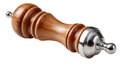 Elegant wooden pepper grinder: a beautifully crafted wooden pepper grinder, with a touch of silver accents, sits on a surface.