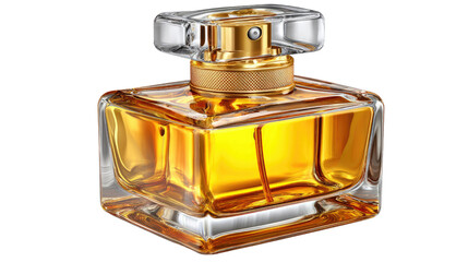 Elegance in a Bottle: A stunning perfume bottle, its crystal-clear glass reflecting the golden hue of the alluring fragrance within, a symbol of luxury and refined beauty.