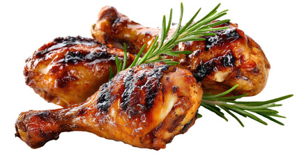 Grilled Chicken Drumsticks with Rosemary: Savory grilled chicken drumsticks, meticulously prepared, are showcased alongside fresh rosemary sprigs, a culinary delight.