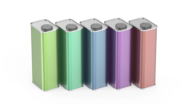 Row of five colorful square tin cans for motor oil and other liquids on a white background
