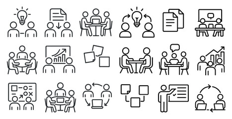 Series of images depicting people in a meeting room. The images include a person with a laptop, a person with a whiteboard, and a person with a projector. The mood of the images is professional