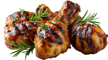 Grilled Chicken Legs: A mouthwatering close-up of perfectly grilled chicken legs, boasting a tantalizing golden-brown crust and expertly charred grill marks, and garnished with fresh rosemary.