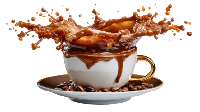 Liquid coffee cup Splash: A visually arresting image of liquid coffee dramatically splashing out of a classic ceramic cup.