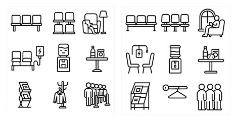 Set of icons for a public space, including chairs, tables, and people. Scene is casual and relaxed, with people sitting and standing around