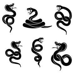 Obraz premium A vector set of isolated snake silhouettes on a white background. Ideal for tattoos, logos, or nature-themed designs, showcasing the sleek and winding forms of snakes in various poses.