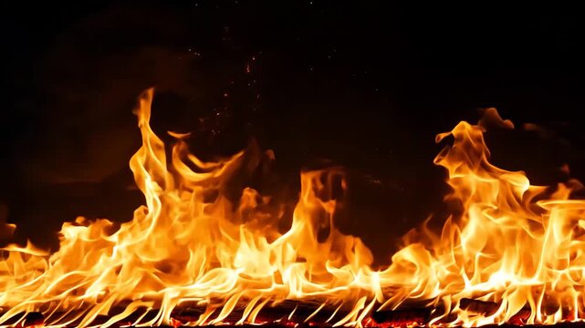 Wide flame wall burning with slow continuous movement and spark embers drifting