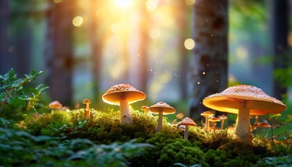 vibrant scene featuring glowing mushrooms in enchanted forest surrounded by lush greenery and soft light magical atmosphere evokes sense of wonder and tranquility