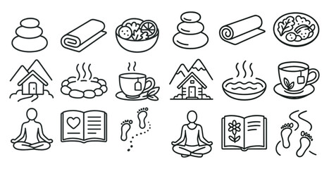 Series of icons for various activities, including yoga, meditation, and reading. The icons are drawn in a simple, minimalist style, with each one representing a different activity or concept