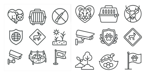 Set of icons with a variety of themes including animals, flags, and security. The icons are all in black and white and are arranged in a grid