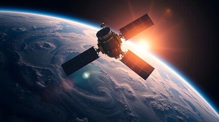 Fototapeta premium A Satellite Orbiting Earth Through The Space Amid Twinkling Stars