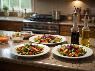 Three plates of fresh vegetable salads served in a kitchen setting