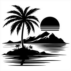 Black silhouette of a tropical island with palm tree in white background