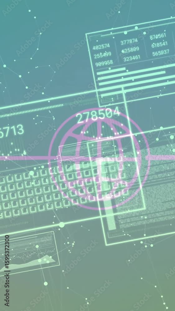 Poster animation of digital interface with keyboard, smartphone, and data processing elements