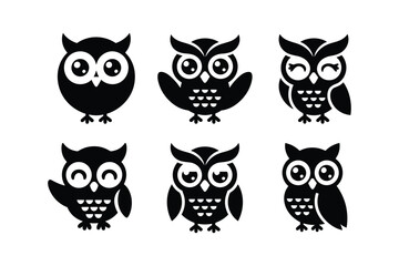 Black owl silhouettes with large eyes and varied expressions white background cute