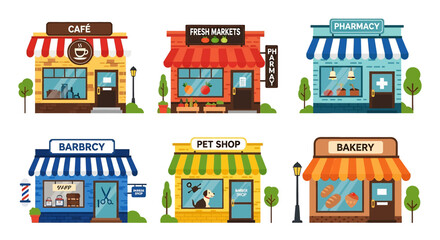 Adobe illustrator vector artwork set of various colorful small businesses and shops, including a cafe, fresh market, pharmacy, barber, pet shop, and bakery. Perfect for local business retail concepts