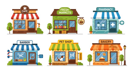 Adobe illustrator vector artwork set of various colorful small businesses and shops, including a cafe, fresh market, pharmacy, barber, pet shop, and bakery. Perfect for local business retail concepts
