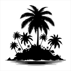 Black silhouette of a tropical island with palm tree in white background