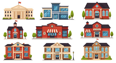 Adobe illustrator vector artwork set of various public and commercial buildings like government, shops, schools, and banks. Perfect for urban infrastructure, education, and city life concepts