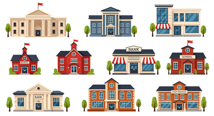Adobe illustrator vector artwork set of various public and commercial buildings like government, shops, schools, and banks. Perfect for urban infrastructure, education, and city life concepts