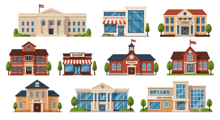 Adobe illustrator vector artwork set of various public and commercial buildings like government, shops, schools, and banks. Perfect for urban infrastructure, education, and city life concepts
