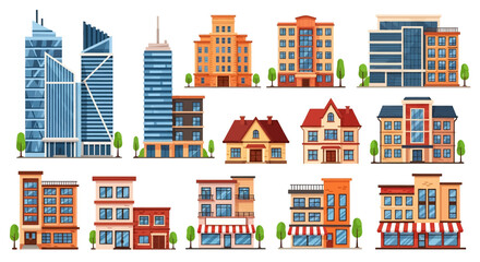 Adobe illustrator vector artwork set of various city buildings, including skyscrapers, residential houses, and storefronts. Perfect for urban landscapes, real estate, and city life concepts