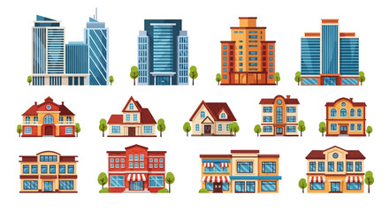 Adobe illustrator vector artwork set of various city buildings, including skyscrapers, residential houses, and storefronts. Perfect for urban landscapes, real estate, and city life concepts