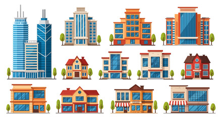 Adobe illustrator vector artwork set of various city buildings, including skyscrapers, residential houses, and storefronts. Perfect for urban landscapes, real estate, and city life concepts