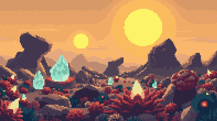 Pixel Art: Alien Landscape with Crystals and Twin Suns