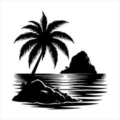 Black silhouette of a tropical island with palm tree in white background