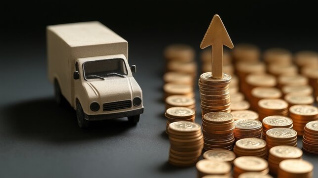 Delivery van with money coins and up arrow. Increased profit, more transportation. Investment. Tax receipt. Increased shipments boost company earnings.