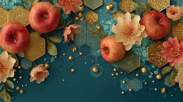 Jewish New year symbols and icons, Happy Rosh Hashanah - Powered by Adobe