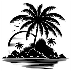 Black silhouette of a tropical island with palm tree in white background