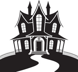 Spooky haunted house silhouette on a hill, a creepy gothic mansion vector graphic for Halloween design projects.