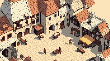 Obraz premium Pixel Art Medieval Town Square: Isometric View