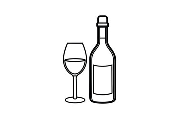 Elegant Wine Bottle and Glass Outline Illustration for Beverage Concepts Menu Designs and Celebratory Graphics Perfect for Minimalist and Modern Design Projects with a Clean