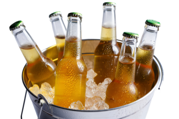 Cold beer bottles placed in ice bucket isolated on transparent background
