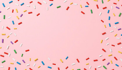 Colorful sprinkles arranged in a circular pattern on pink background  