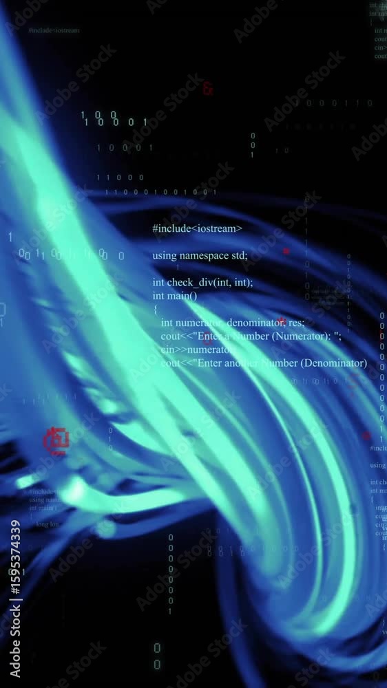 Poster blue and green swirling patterns with digital code overlay creating animation