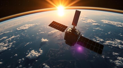 Fototapeta premium A Satellite Orbiting Earth Through The Space Amid Twinkling Stars